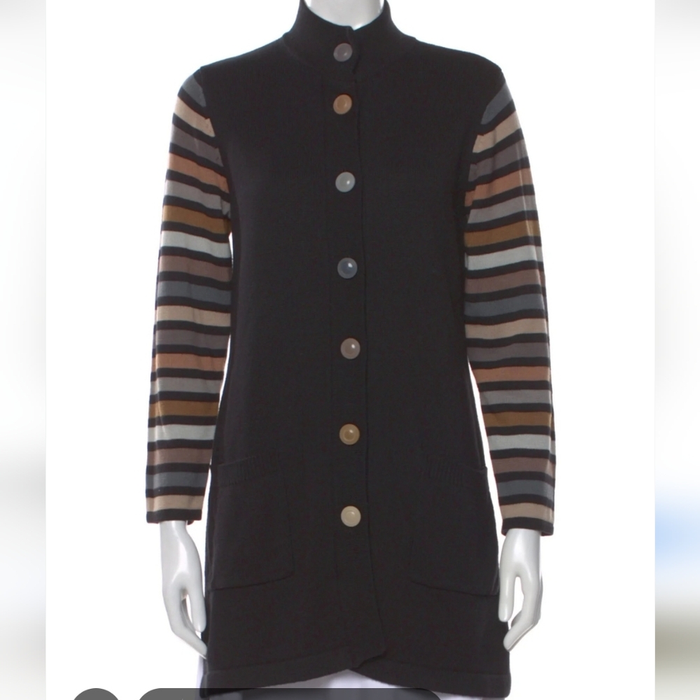 Bob Mackie Black Button Front Cardigan with Multicolor Trim - Picture 2 of 9